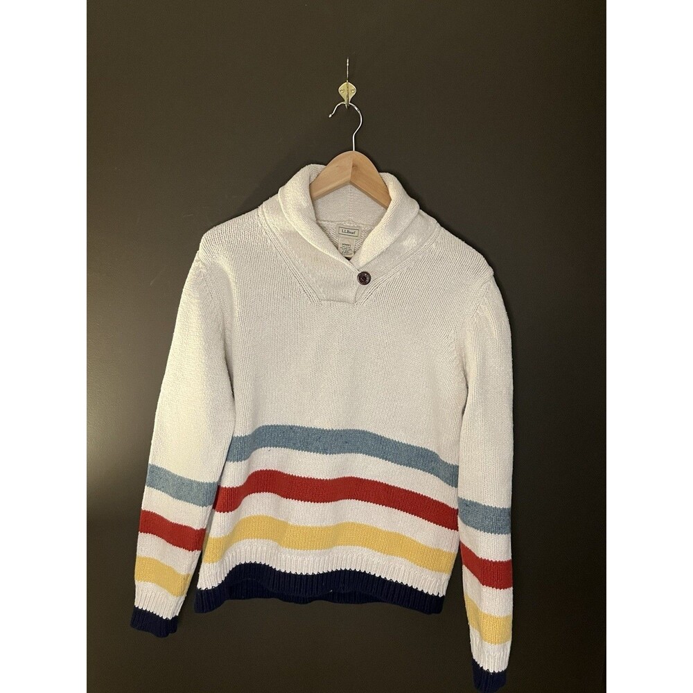 Vintage LL Bean Womens L Lambswool Cotton Shawl Collar Striped Sweater Hong Kong